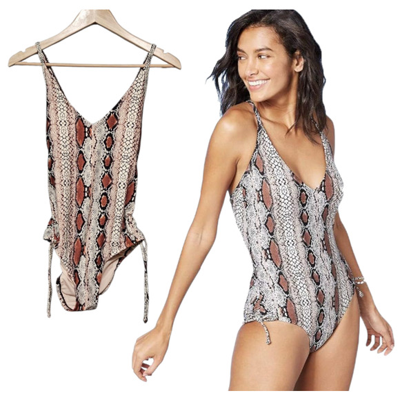 Kona Sol One Piece Swimsuit Womens M Snakeskin Print Side Tie Stretch Lined - Picture 1 of 7
